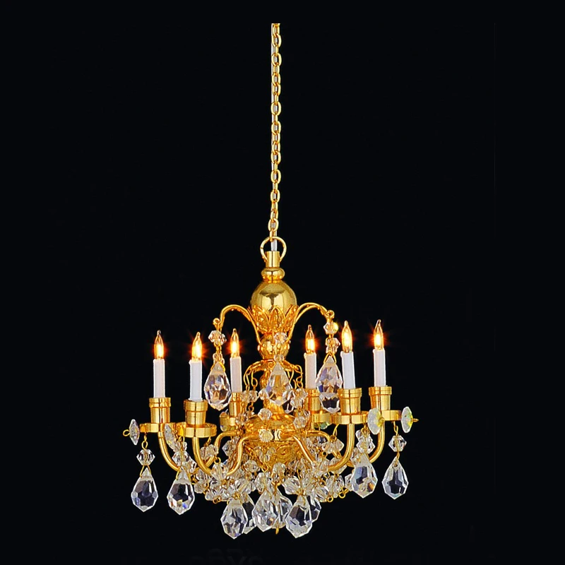 Crystal & Brass Gold Chandelier 6Arm LED Stunning Dollhouse Miniature