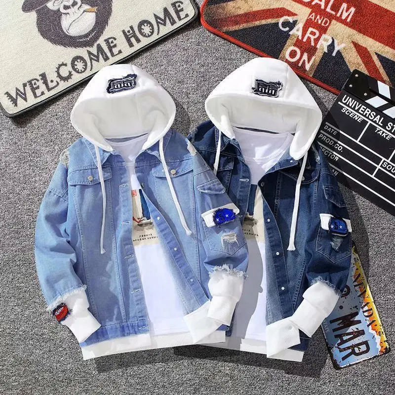 Wholesale High Quality Denim Hooded Jacket Loose Men's Coats Fashion Denim Jacket Men Hooded