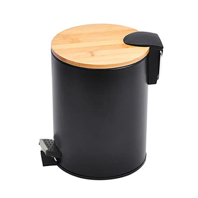 Small 5L Stainless Steel Garbage Bin Bamboo Cover  Kitchen Garbage Unique Bathroom Wooden Trash Can
