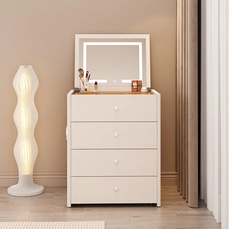 Hanyee Modern Style Cream Colored Dressing Table  Mirror Glass USB bluetooth Bedside Table Multifunctional With Storage Function