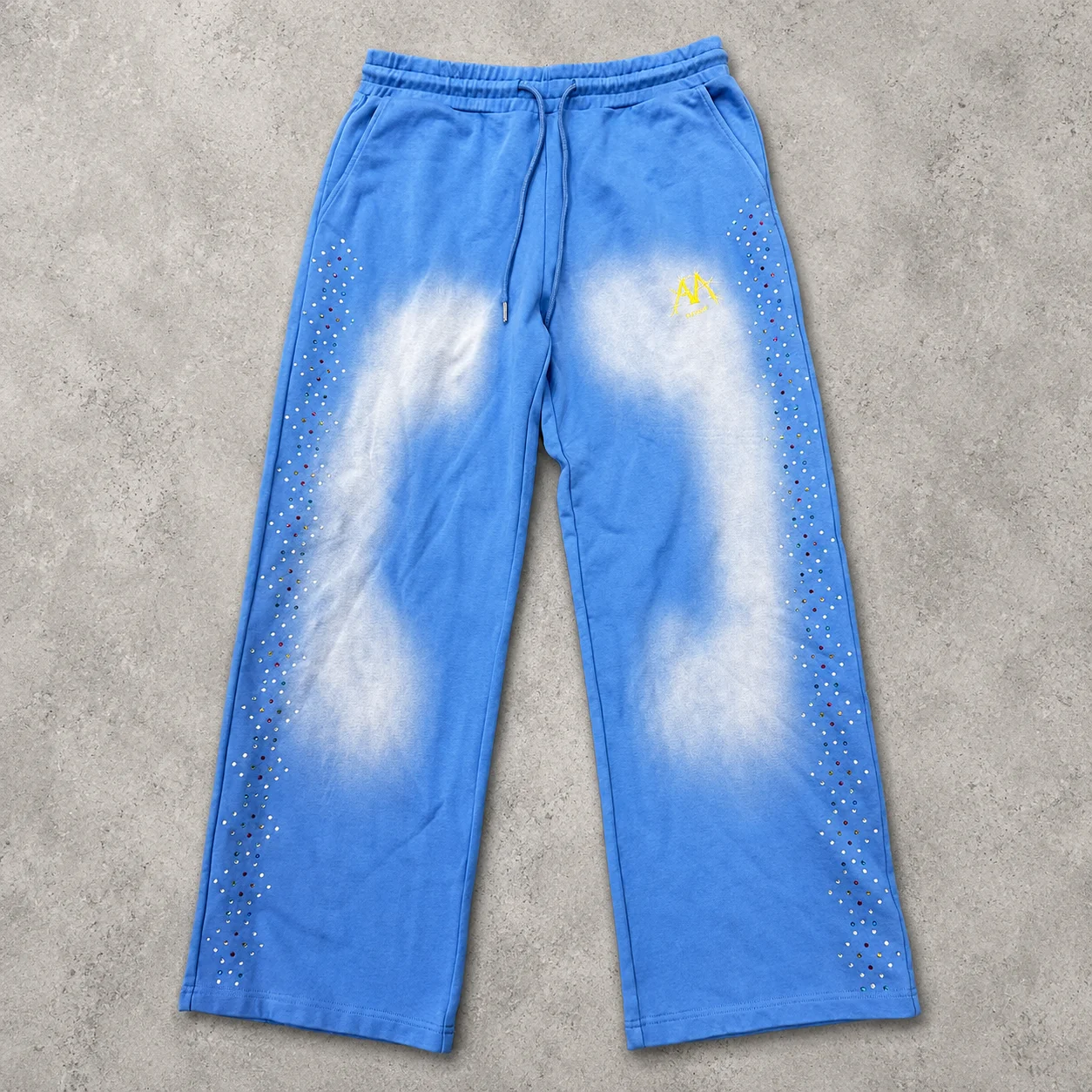 Wholesale Blue Vintage Wash Crystal Studded Drawstring Baggy Wide Leg Casual Urban Relaxed Fit Trousers Custom Men Sweatpants