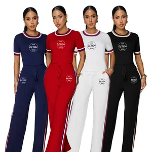 2026 Custom Logo Summer Women's Side Stripe Stitching Thread Color Contrast Loose Set Short Top Solid Pattern Sports Two-Piece
