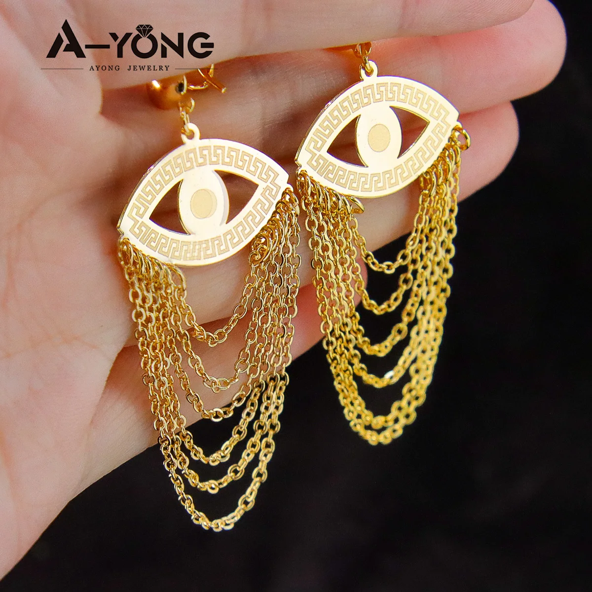 High Quality Ayong Jewelry Tassel Evil Eye Earrings Women Brass 18k Gold Plated Earrings
