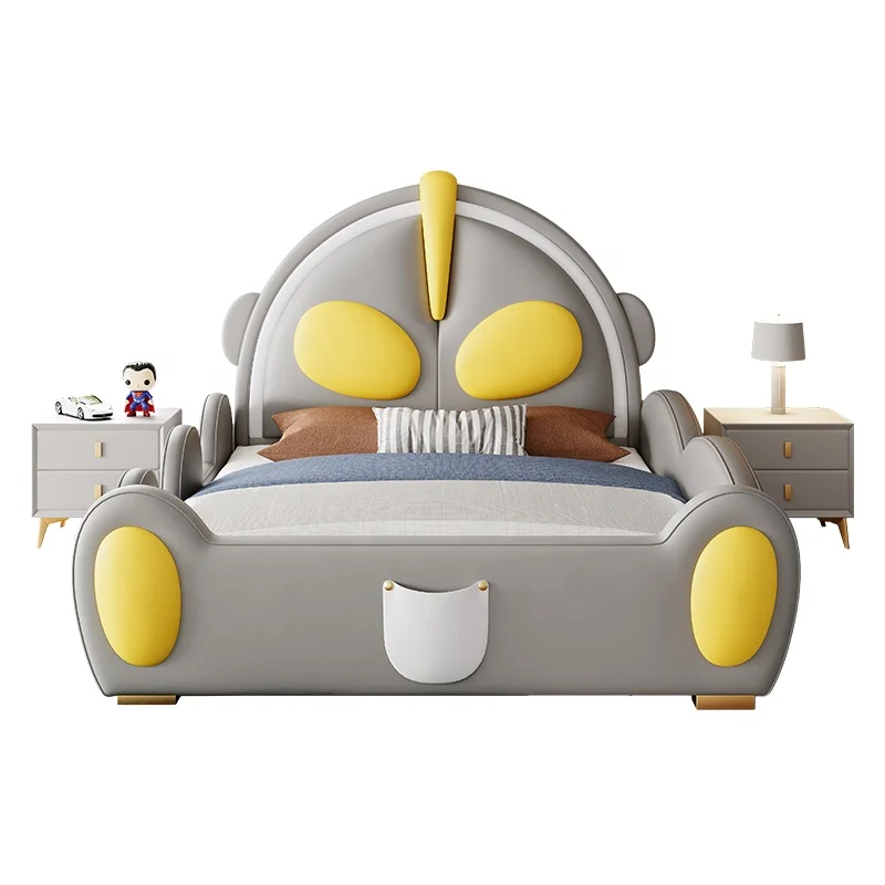 Ultraman Style Bed Solid Wood with Guardrail Soft Cover Headboard Slide Cartoon Castle Boy Leather Bed