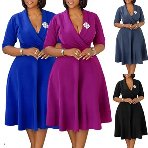C8650 Fashion Spring&summer Dresses Women Casual Suit Collar V-neck 3/4 Sleeve A-line Office Lady Dress Elegant African Dresses