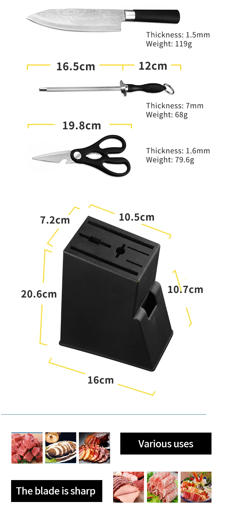6pcs Stainless Steel Kitchen Knives Set Chef Knife Slicing Meat Cleaver Fruit Knife Ceramic Peeler