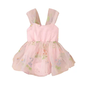 Summer New Design 2023 Baby Girl Princess Romper Dress Sleeveless Floral Embroidery Lace Mesh Backless Bowknot Toddler Jumpsuit