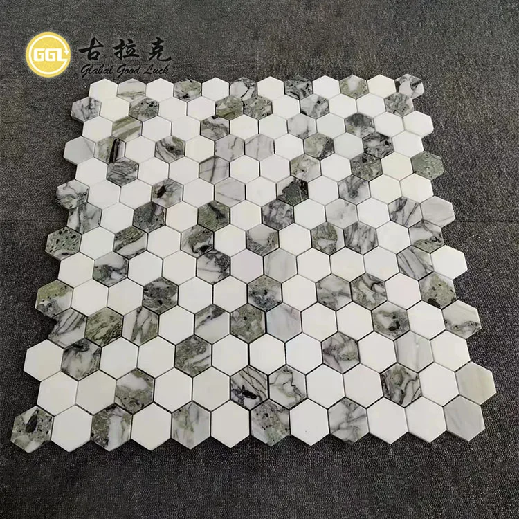 Hot Sale Ice Jade Green Mix Thassos White Marble Hexagon Bathroom Mosaic Tile Wall