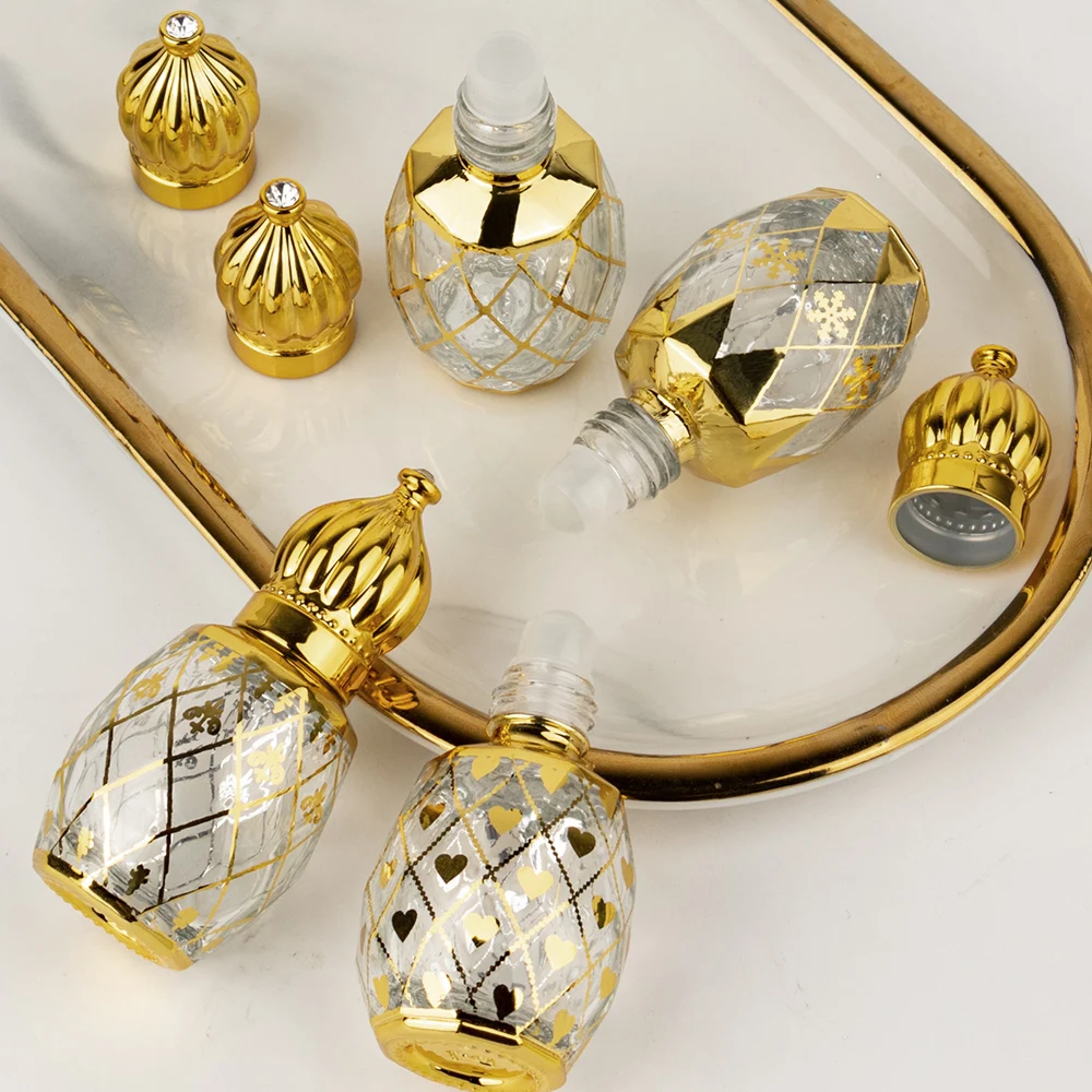 Empty square 3ml 6ml 9ml 12ml Luxury Electroplating Gold Crown Cap Roll on Glass Perfume Attar Bottles with Stick