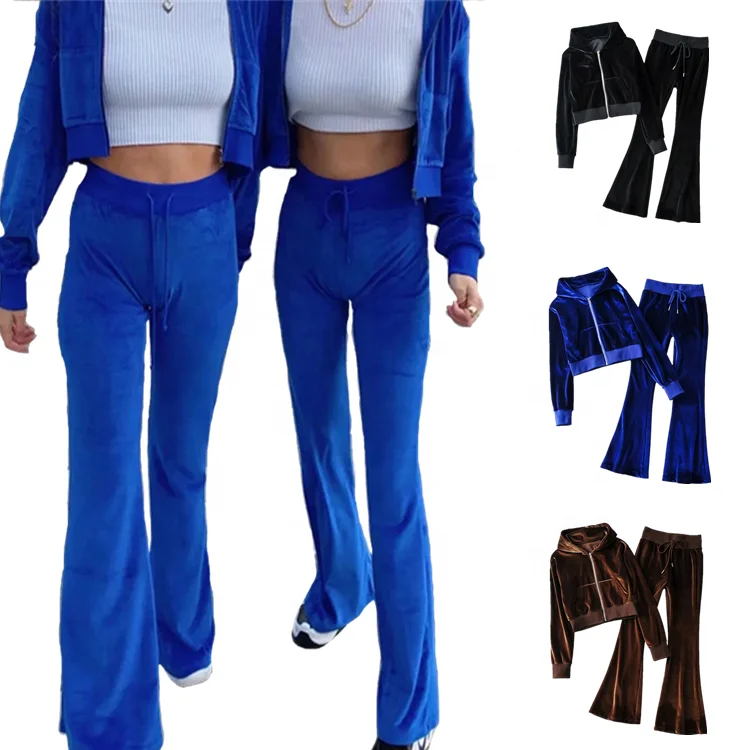 Hot Sale Bm Zip Up Outfit Crop Top Cardigan Hoodie High Waist Flare Long  Jogger Pants Velour Velvet 2 Piece Set Women - Buy 2 Piece Sweatsuit Set  Women,2 Piece Set Womens