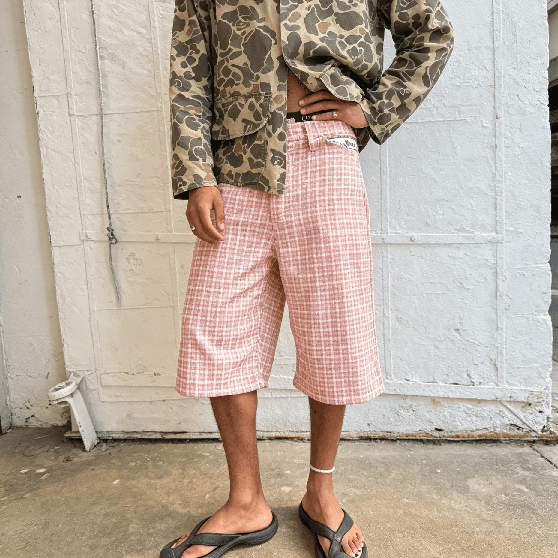 Wholesale Custom Washed Check Pattern Mens Jorts Decorative Waistband Detail Loose Knee Shorts Streetwear Casual Bottoms gallery 5