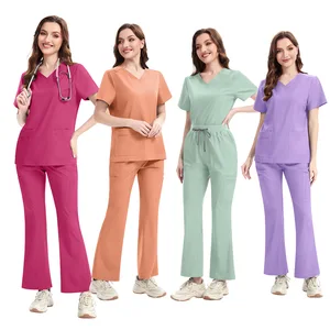 New Micro Flared Pants Thin Quick-Drying V-Neck Solid Color Beauty Salon Dental Clinic Scrub Sets Polyester
