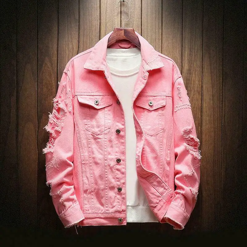 CABULE Men's new Korean style pink denim jacket straight jeans casual suit  trendy-pink top-L : Amazon.co.uk: Fashion