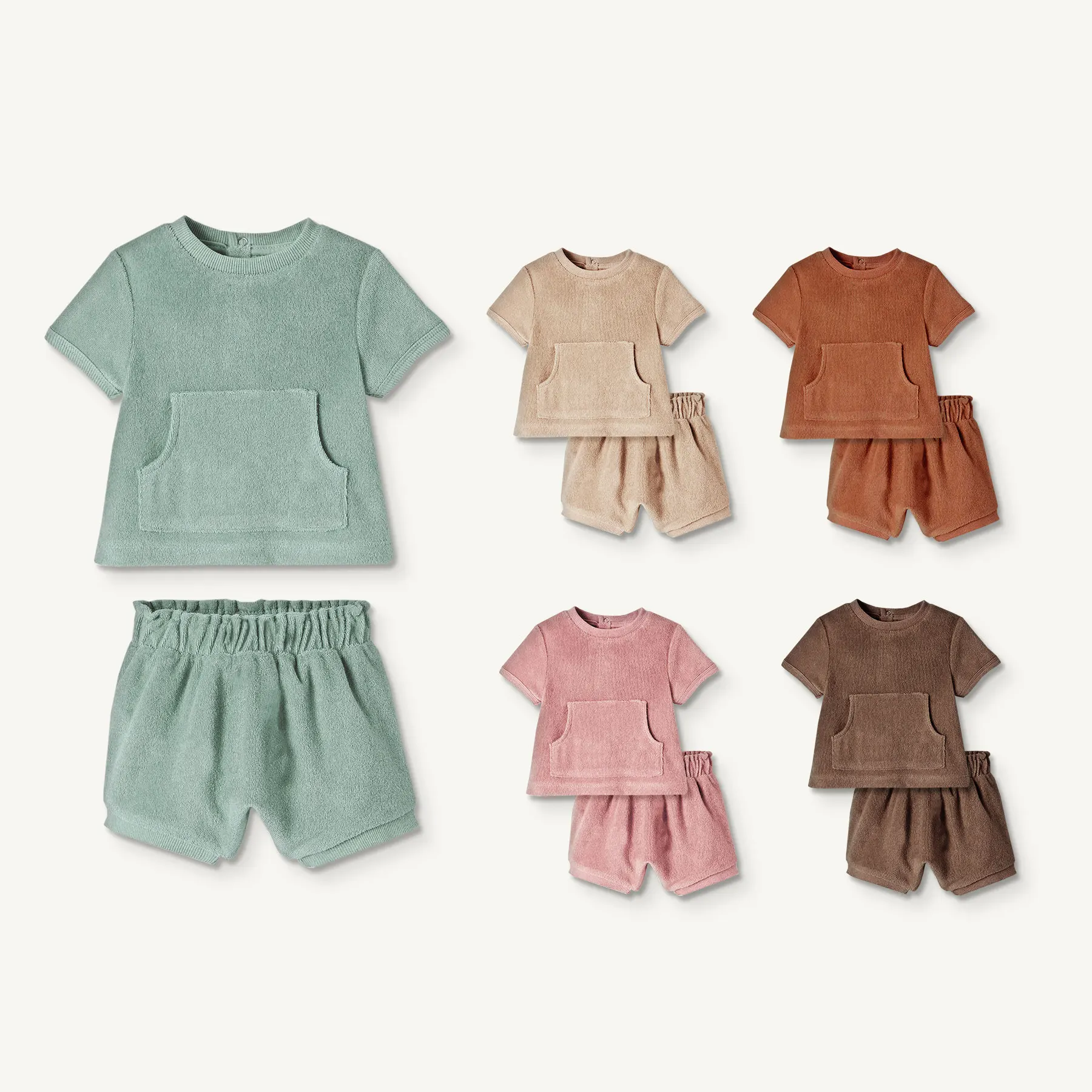 New Arrival Terry Towel Baby Clothing Set Solid Short Top Pant Casual