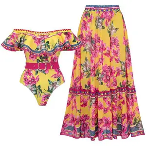 STOCK 2Colors Floral Print Designer Women Two Pieces Swimwear Ruffle Swimsuit and Skirt Set Trendy Bathing Suits With Belt S-XL
