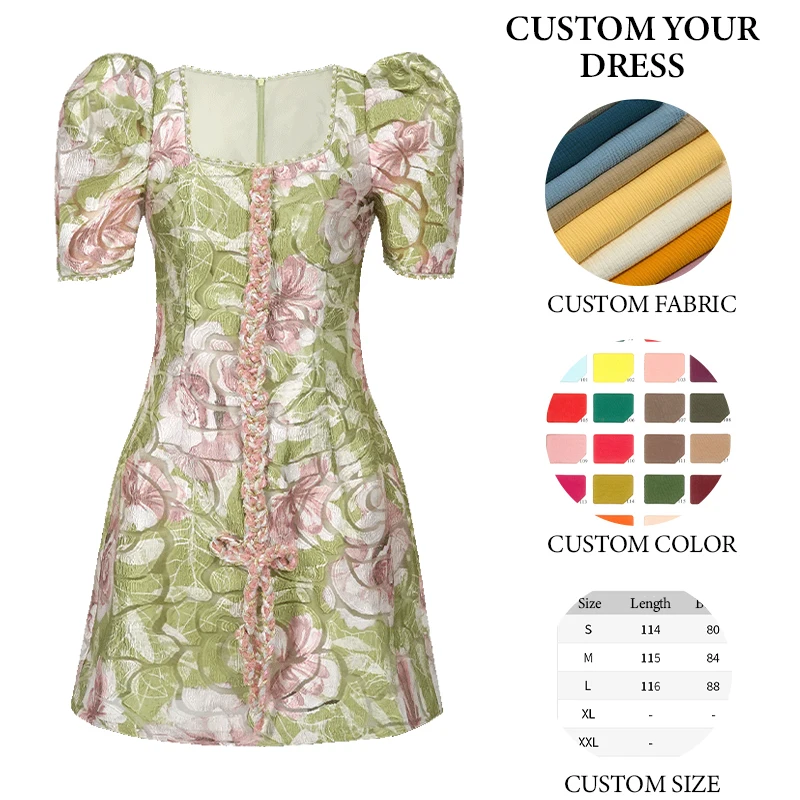 ZYHT 91105 Square Neck Summer Short Sleeve Jacquard Beaded Forest Green Color Dresses Women Lady Elegant