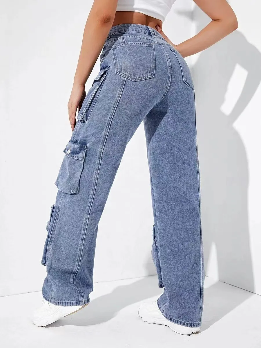 High Waisted Flap Pocket Cargo Jeans Custom Denim Jeans Oversized Big ...