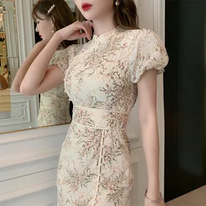 ZYHT 4142 Fashion Classical Cheongsam Chinese Qipao Retro Dresses High Waist Lady Elegant Chiffon Floral Printed Clothing Women