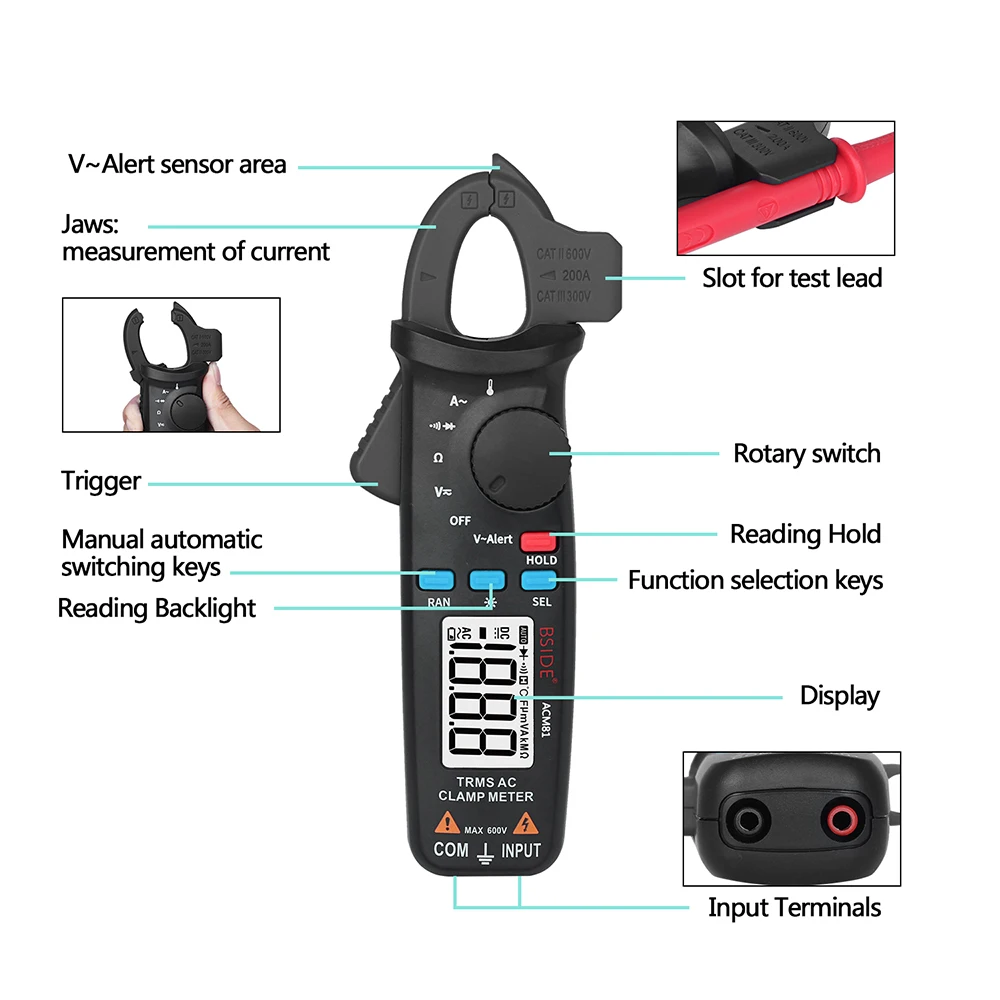newest design 3 1/2 mini digital ac current clamp meter with true RMS V-Alert Current Test Diode Tester