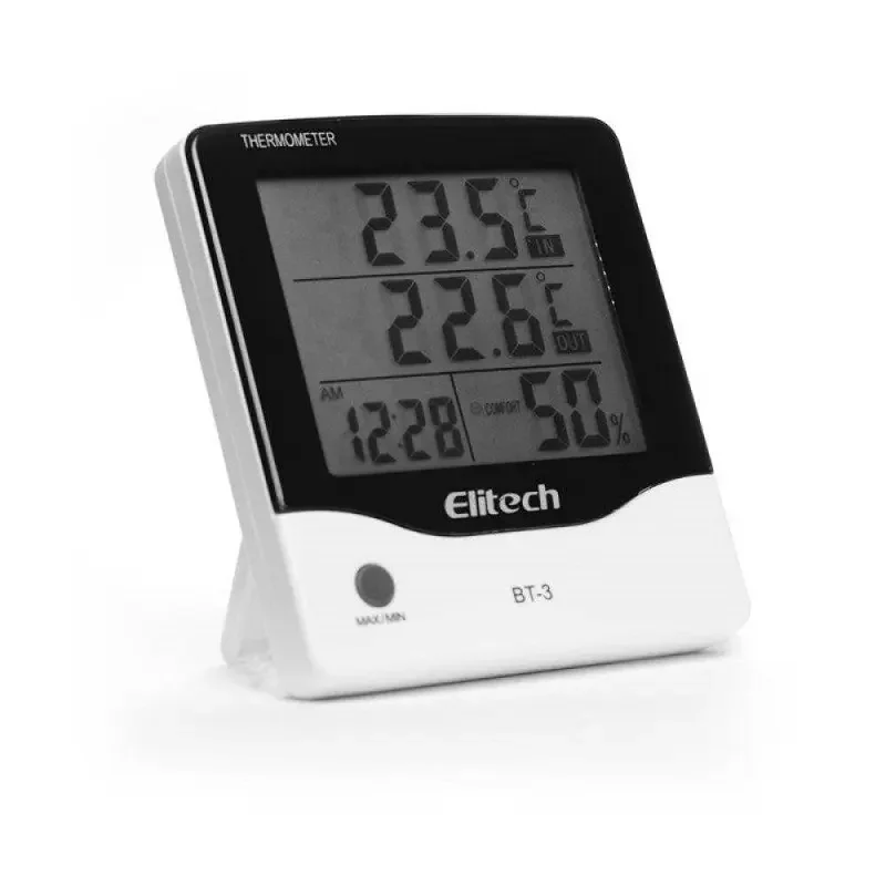 Elitech BT-3 Digital Hygrometer Thermometer Large LCD Display Min/Max Value Clock Indoor/Outdoor Plastic OEM Customizable