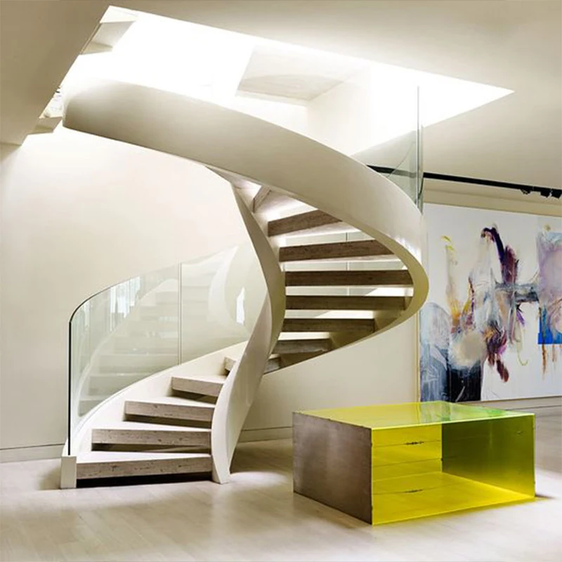 Modern Design Solid Wooden Tread Curved Staircase Powder-Coated Durable for Indoor Hotel Use