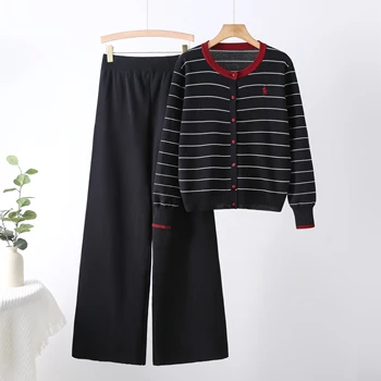 2025 Autumn in Stock Women's Striped Knit Cardigan and Pants Set Plus Size Women's Clothing Sets