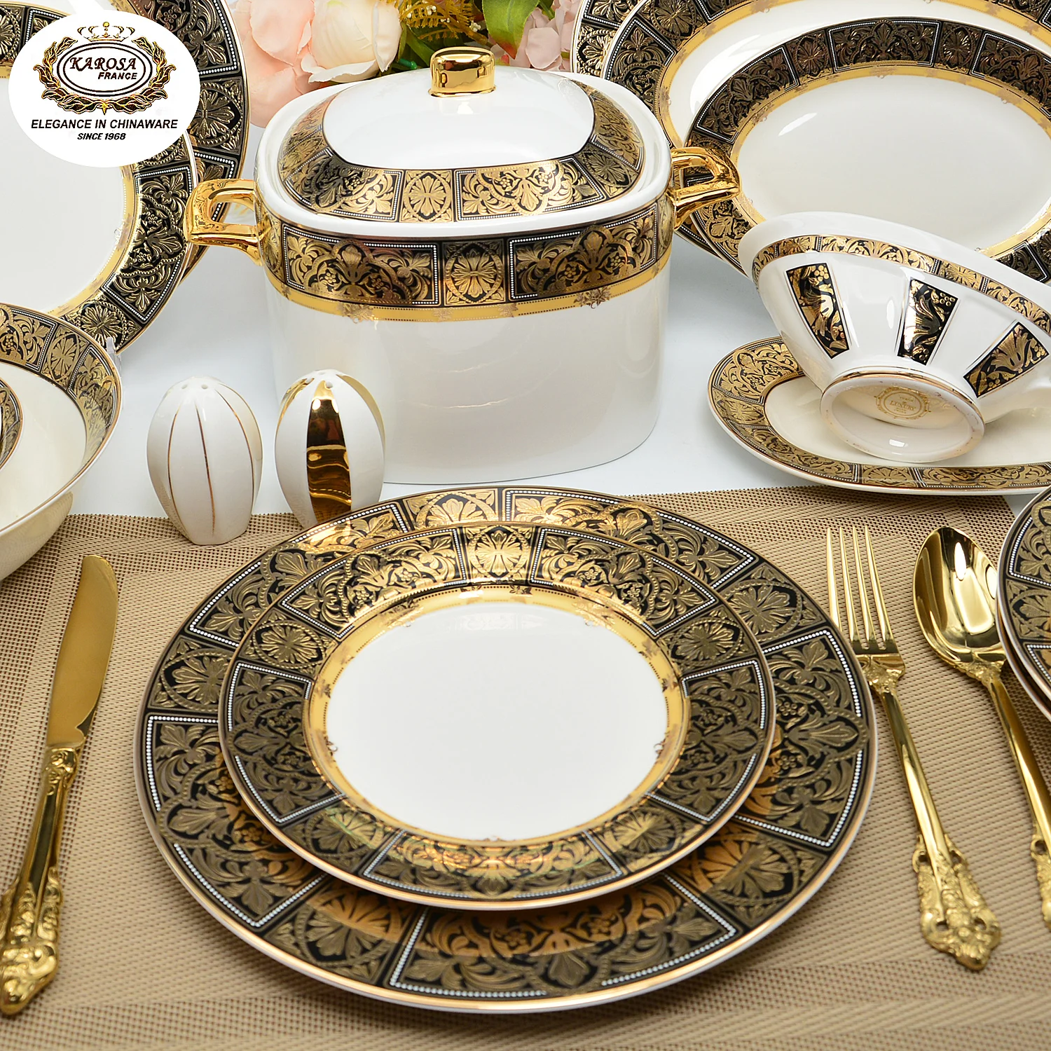 46 Piece Elegant Golden Floral Embossed Ceramic Tableware Set