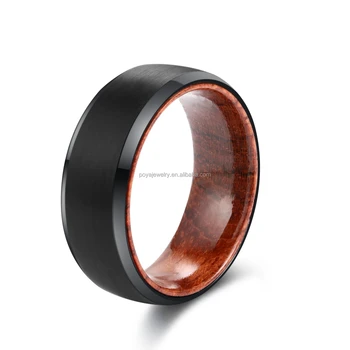 POYA Black Matte Finished Polished Edge Tungsten Rose Wood Inlay Ring 8mm Wedding Band for Men