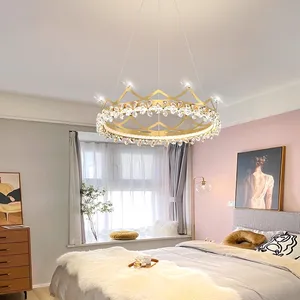 Nordic Modern Luxury Crystal Chandelier with LED Light Iron Crown Pendant for Princess Bedroom Middle Size Lamp