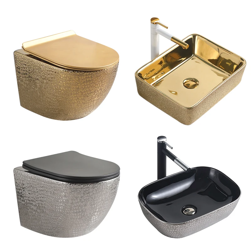 Tankless Wall Hung Sanitary Ware WC Wall Mounted Bathroom Two Pieces Water Closet Gold Toilet Set