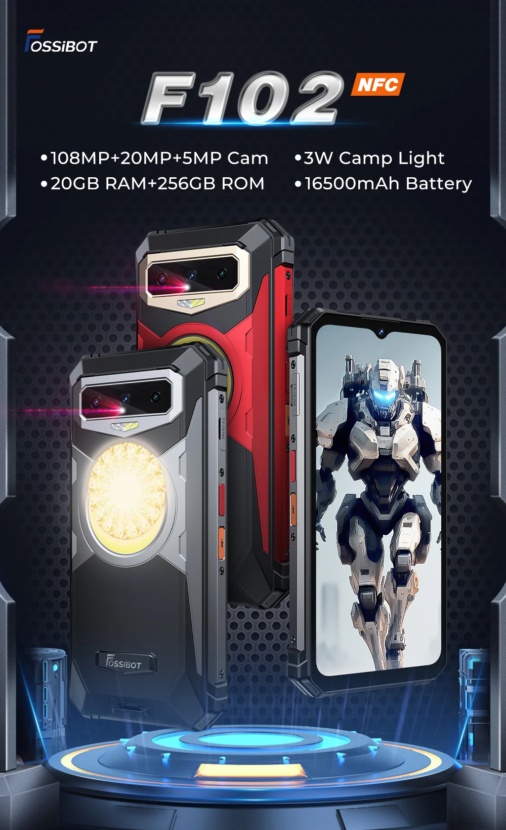 Strong Flashlight Fossibot Rugged Smartphone 16500mah 20gb+256gb 108m ...