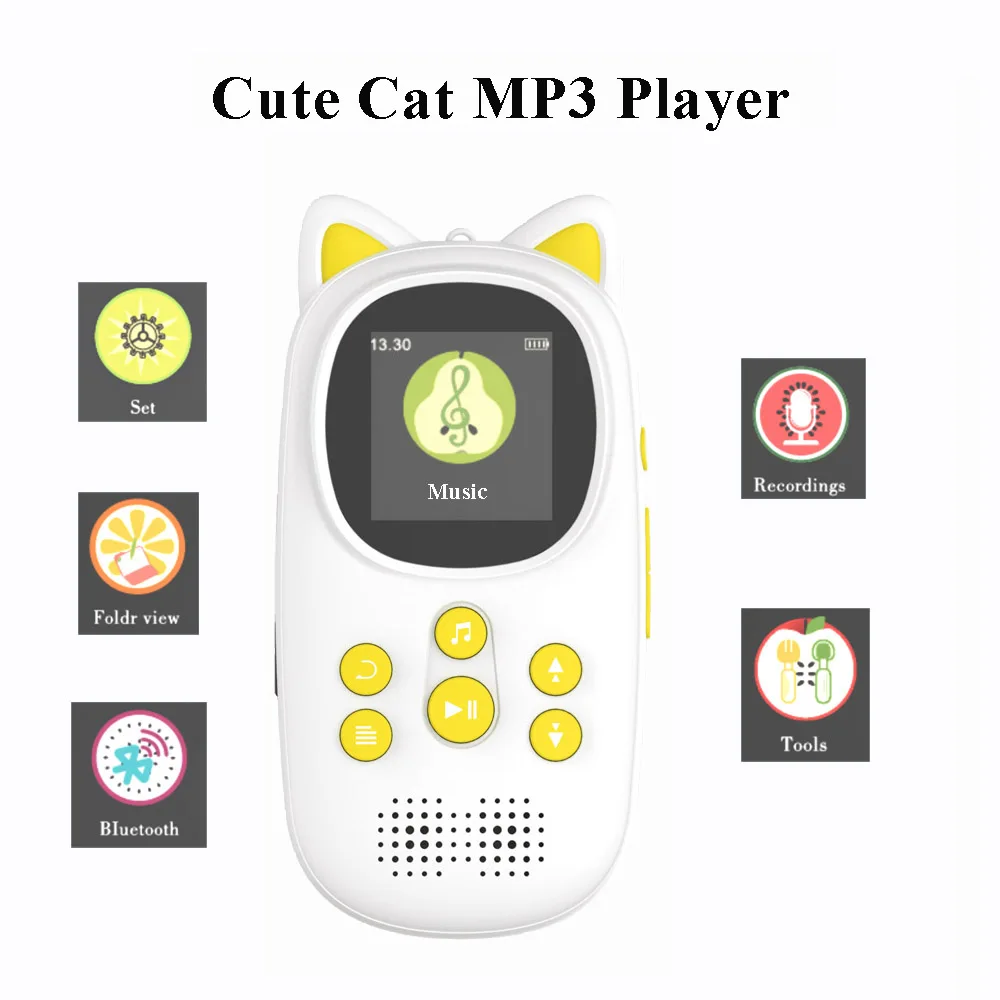 Mini MP3 Player with Cute Cat Design Bluetooth & USB Support Portable Watch Style for Audio Video Includes Earphone Accessory