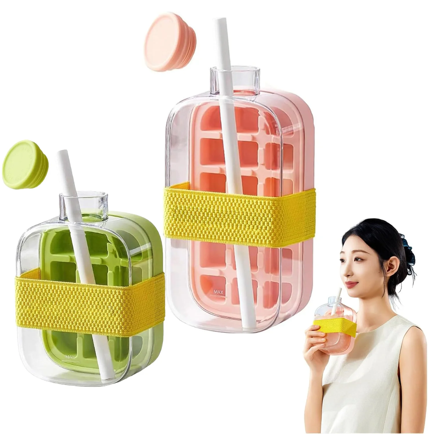 Summer 2 in 1 Ice Cube Water Bottle Easy Release Ice Mold for Freezer 500ml 800ml Touch-Free Ice Cube Tray with Lid and Bin