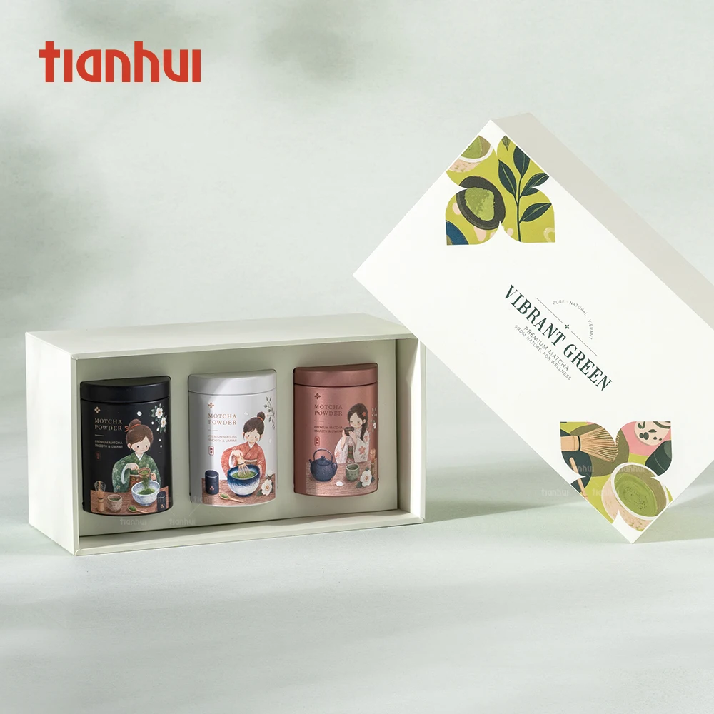 Caixes rígides de paper reciclat Tianhui amb petites llaunes de matcha personalitzades per a l’embalatge de jocs de regals de matcha