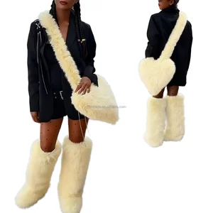 BUSY GIRL HS9271 Yellow Women's Fur Knee-High Boots Heart Bag Custom Design Boots Knee High Fur Boots Women Fur Boots and Bag