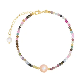 High Quality Adjustable 3mm Multicolor Tourmaline Faceted Round Beads with freshwater pearl Clasp Bracelets Natural Jewelry