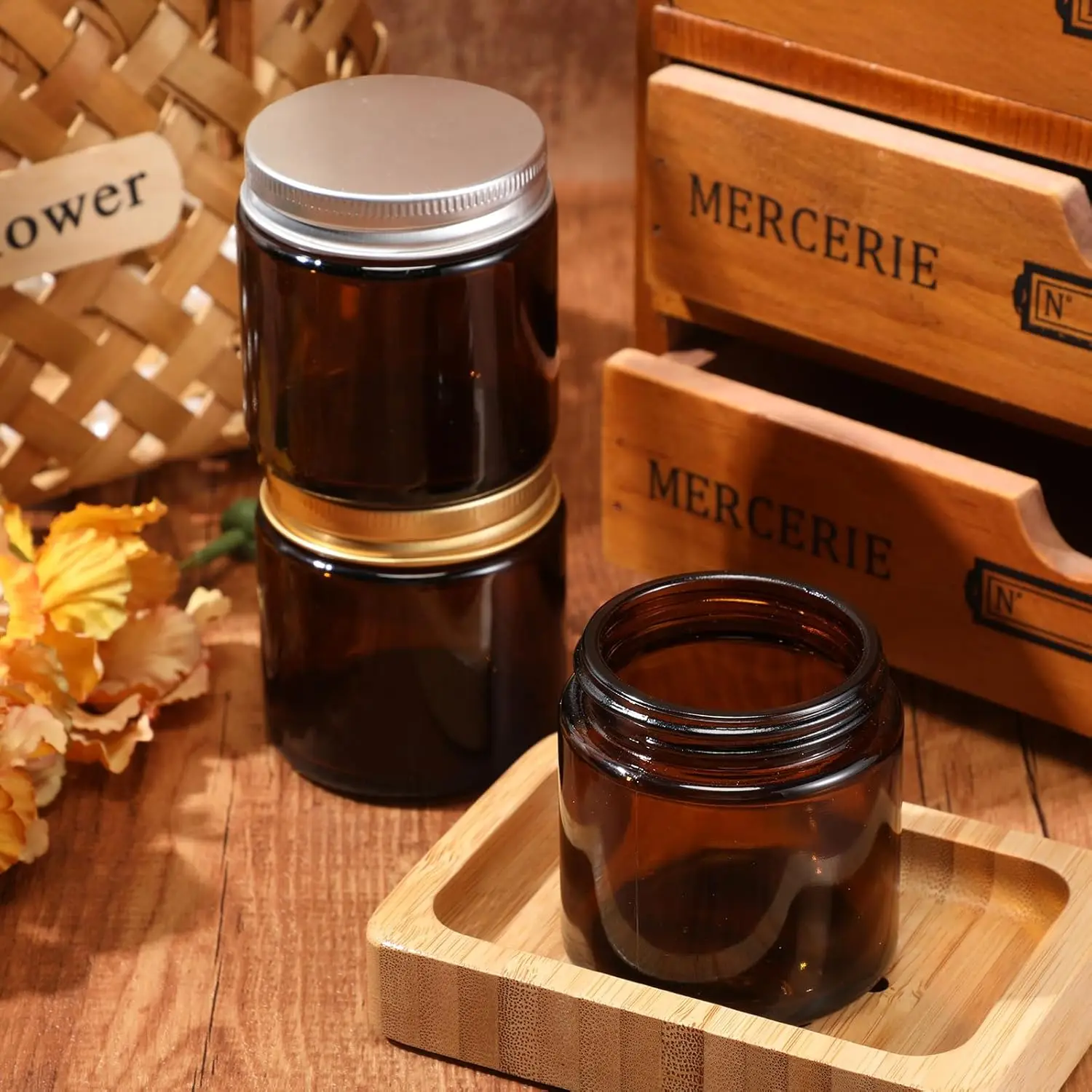 Custom Logo OEM 50ml 100ml 250ml 500ml Mini Brown Amber Round Candle Jar Empty Clear Amber Glass Jars for Candle