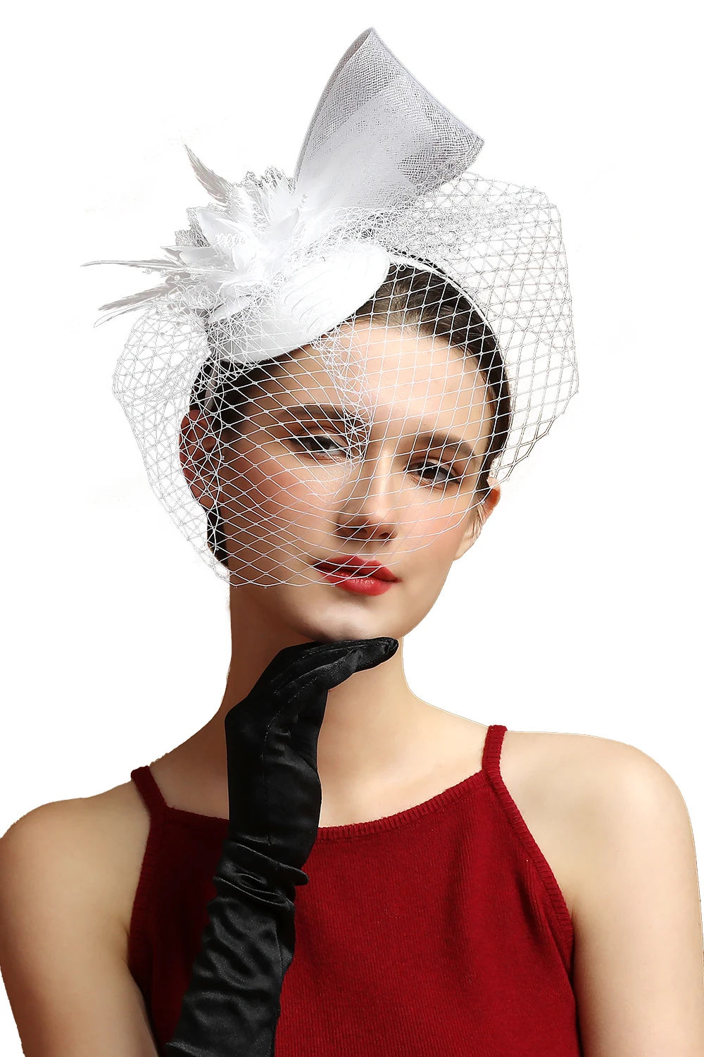 Perfect Retro Hawaiian Elastic Mesh Fascinator Tea Party Flower Feather Fascinator Bride Headband With Veil for Women Ladies