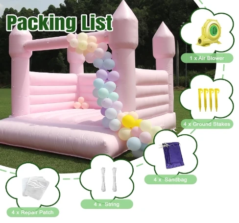 Castelo inflável rosa em PVC para festas ao ar livre, ideal para adultos e crianças. Perfeito para festas, casamentos e decorações._voghion.com
