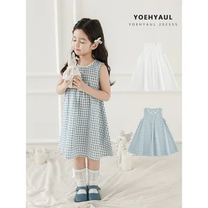 YOEHYAUL X4649 Light Blue Beige Sleeveless Baby Girl Summer Dress with Ruffles Knee Length Plaid Cotton Dresses for Girls