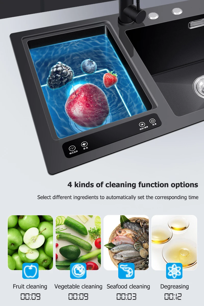Smart Ultrasonic Kitchen Black Sink Vegetable Dishwasher 304 Stainless Steel Seamless Handmade