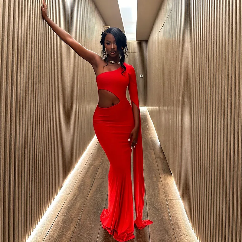 red dresses for women sexy V-neck Split Prom Dresses,Simple Slit Sexy Party Dresse US16 / As Picture Floor Length Neckline Sexy Red One Shoulder Slit
