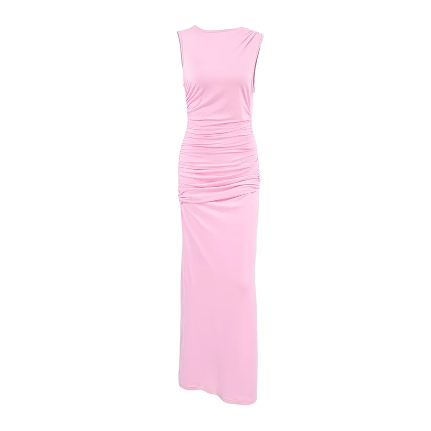 Pink Elegant Dress Shrink Shirring Vest Long Dress for Women With Tight  Fitting Bodycon Dress