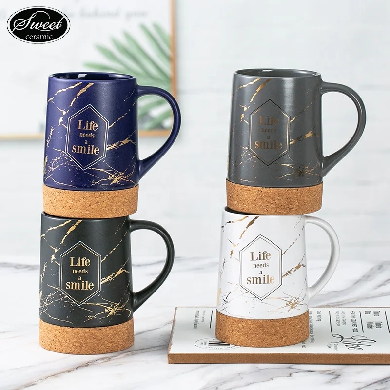 18 Oz Tall Cork Bottom Stoneware with Customized Designs Beer Mug Wholesale  Gold Marble Design Ceramic Mug With Cork Base