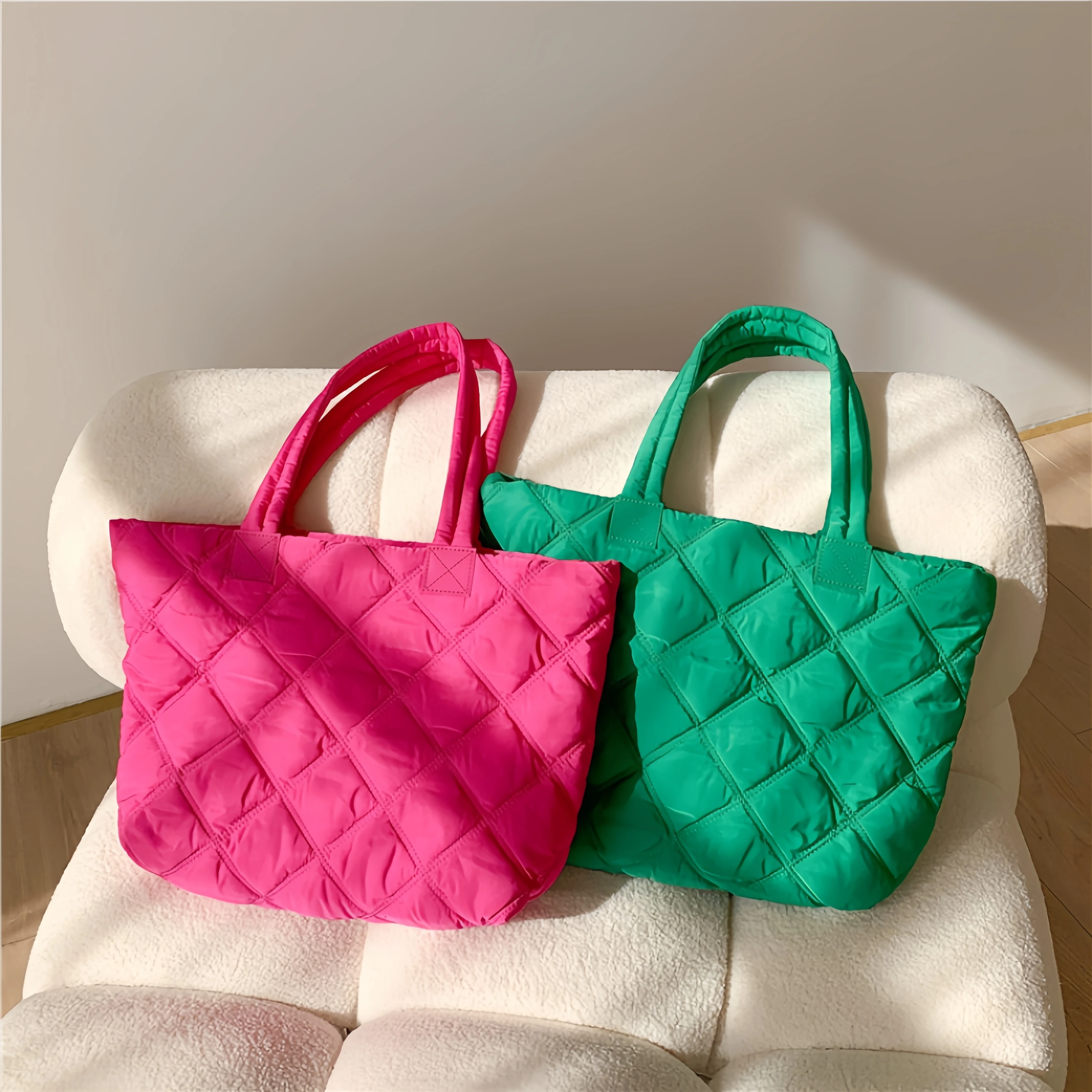 Hot Pink Tote Bag Puffy Shoulder Bag 2023 Autumn and Winter Large Capacity  Nylon Down Cotton Bag for Female