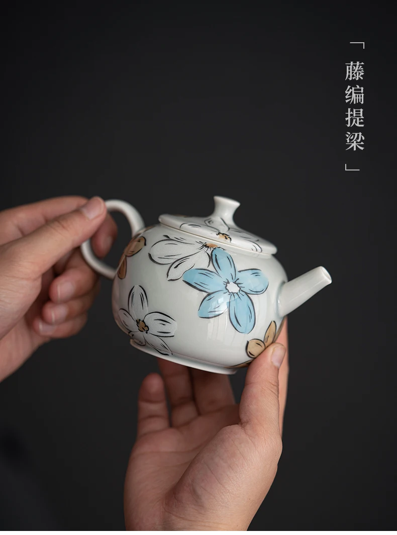 Japanese-Style Single Pot Kung Fu Teapot Ice Ash Cherry Blossom Ceramic Tea Infuser with Hand Handle Porcelain Material