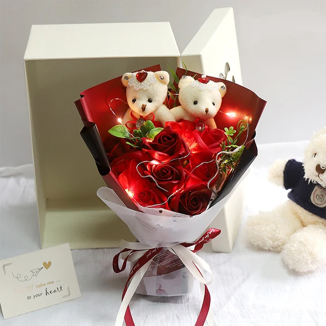 QWOK-el mejor regalo para el Día de San Valentín, 7 jabones, rosas, flores,  ramo, oso de peluche, regalo para esposa, fiesta de cumpleaños, aniversario