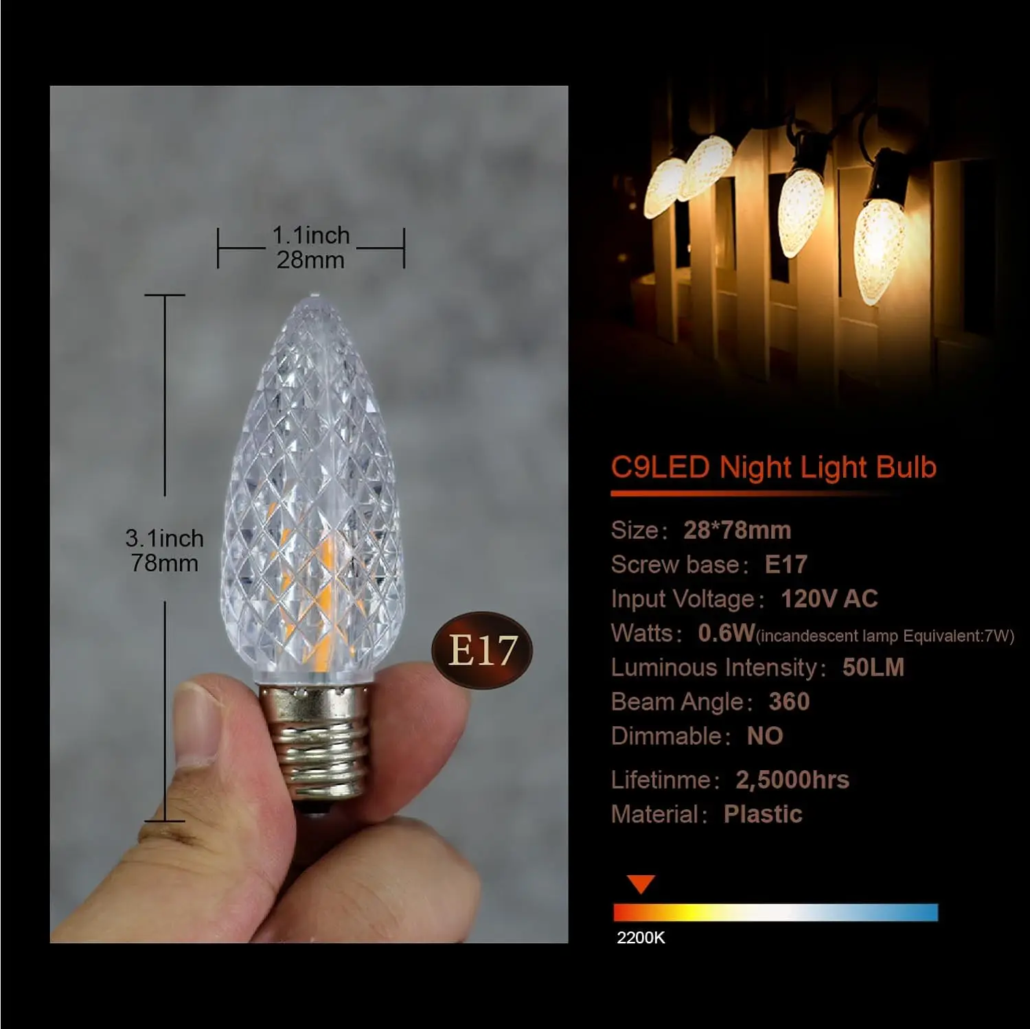 25 Pack Multi-Color C9 LED Replacement Bulbs E17 Socket Commercial Grade Faceted Multi-Color LED Christmas Light Bulb C9 LED