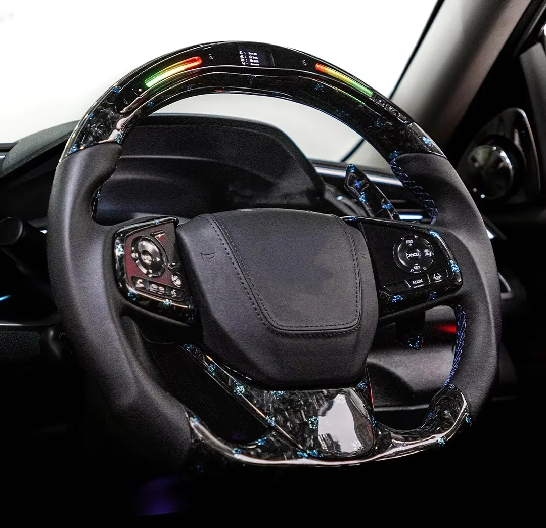 Forged Carbon Fiber LED Steering Wheel For Honda Civic 10TH Gen 2016-2021 - Blue Stripe Racing