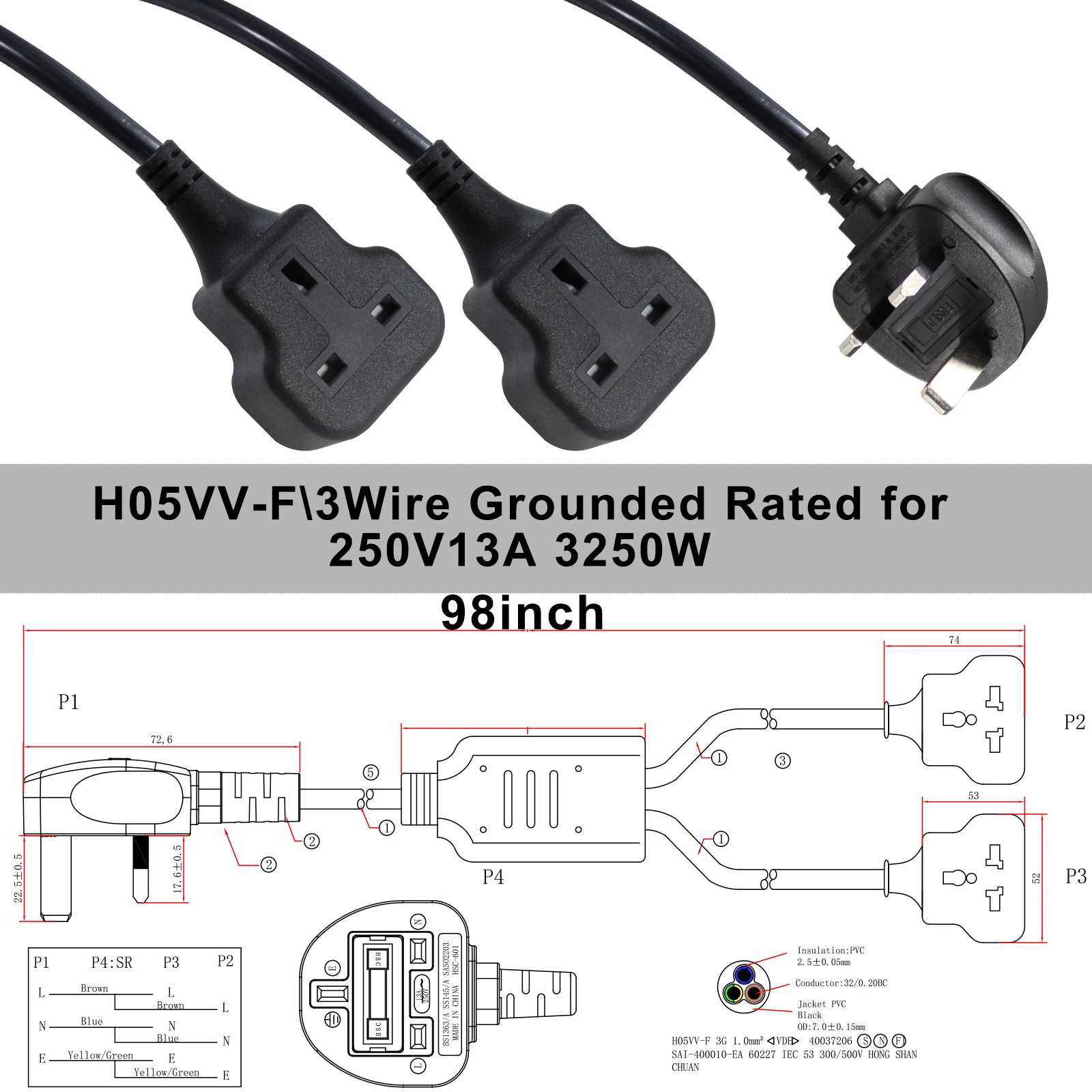 2 Outlets Extension Y Type Splitter Power Cord 13